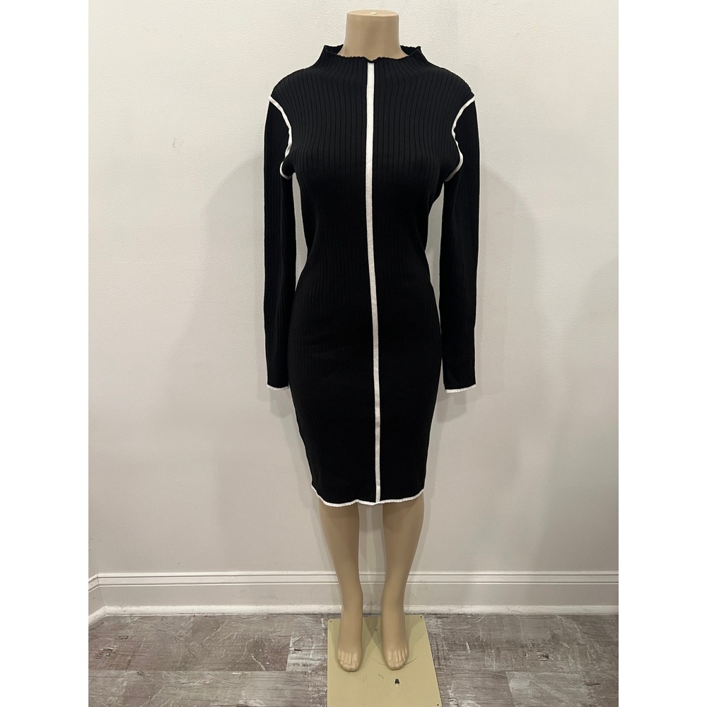 Merokeety Ribbed Knit Midi Sweater Dress Mock Neck Womens Size S Black White NWT